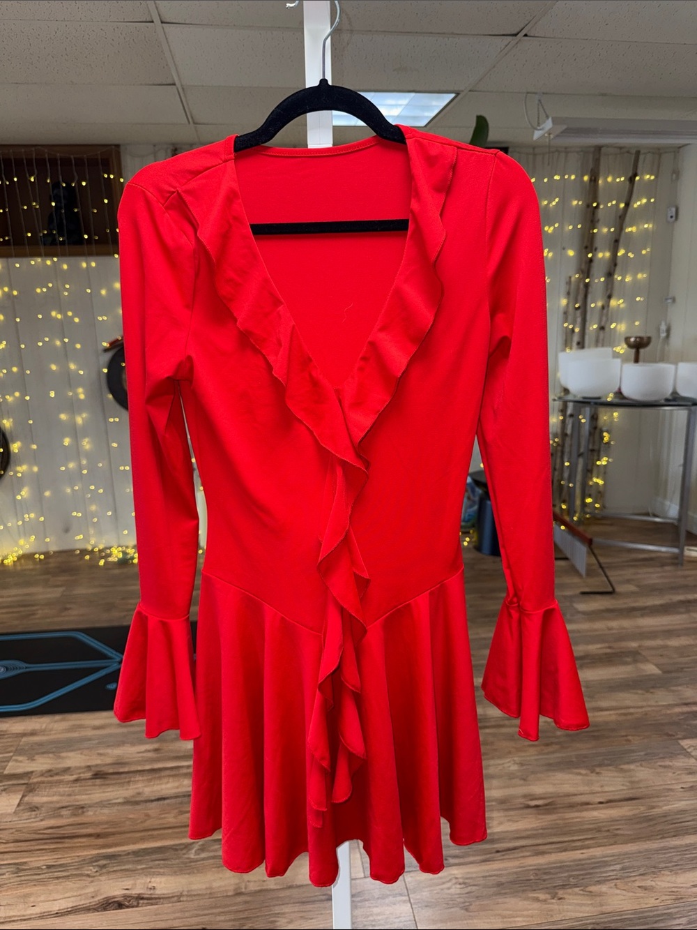 Red Ruffle V-Neck Long Sleeve Dress